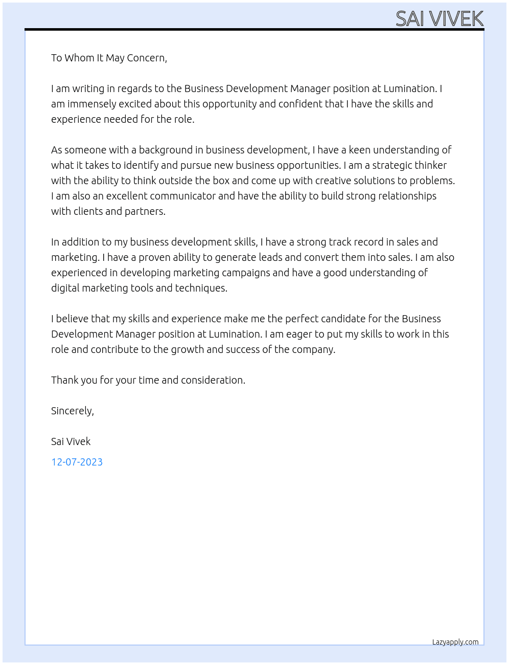 Business development manager At Lumination Cover Letter