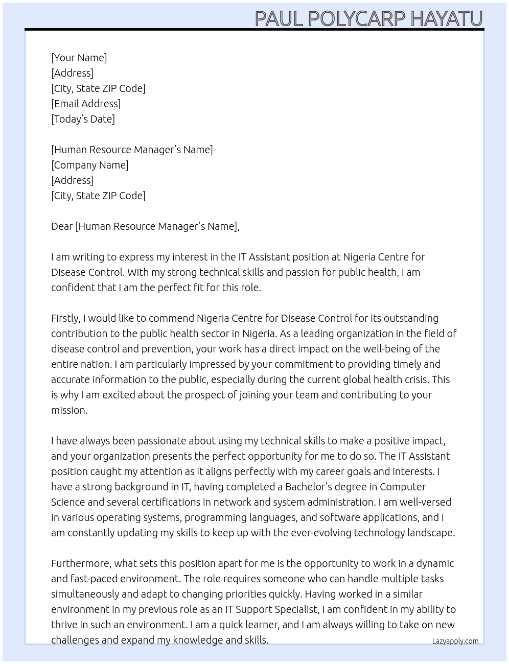 It Assistant At Nigeria Centre for Disease Control  Cover Letter