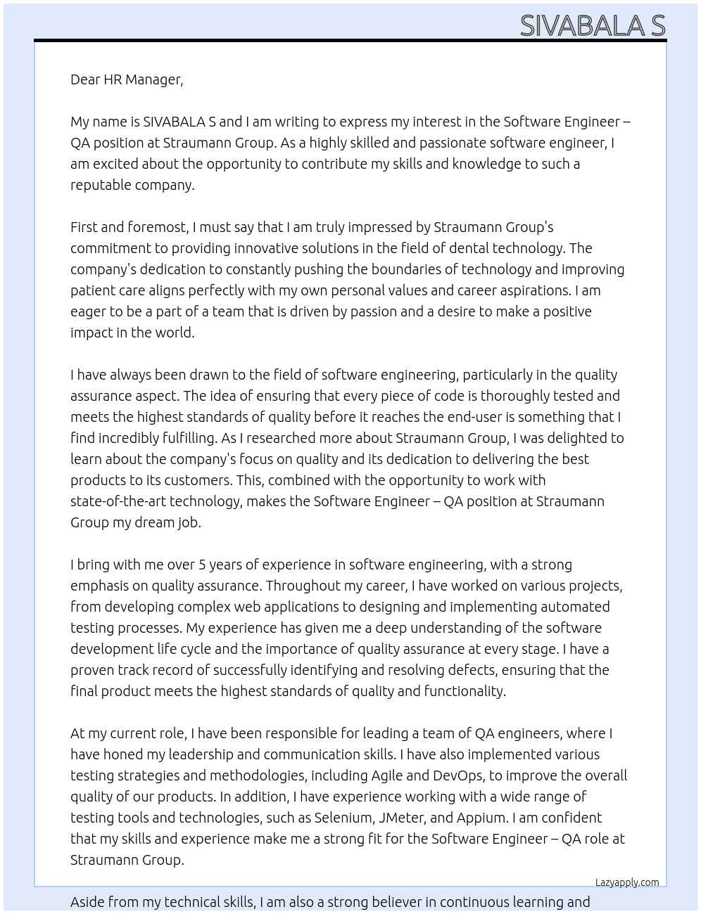 Software Engineer - QA At Straumann group Cover Letter