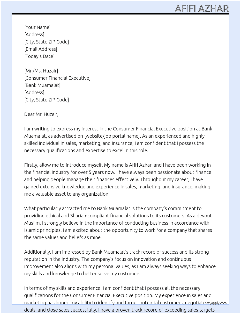 Consumer Financial Executive At Bank Muamalat Cover Letter