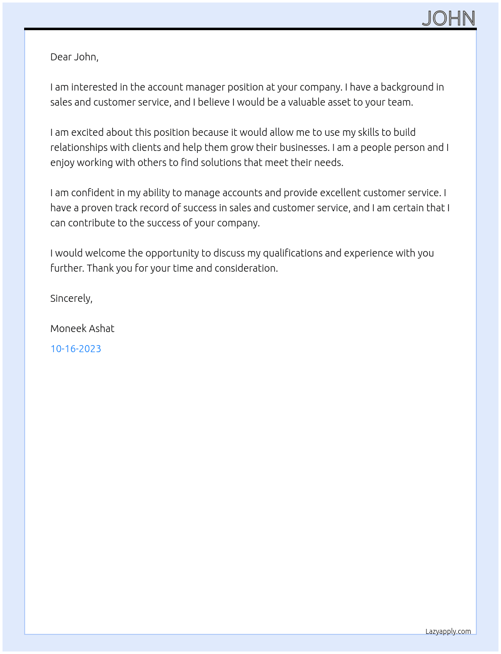 Account manager  At John Cover Letter