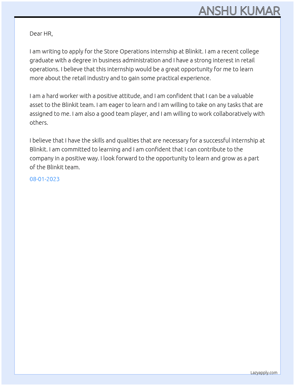 Store Operations internship At Blinkit Cover Letter