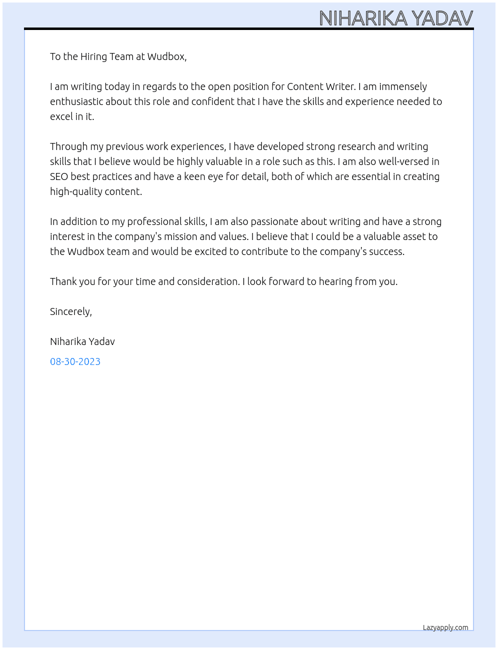Content Writer At Wudbox Cover Letter