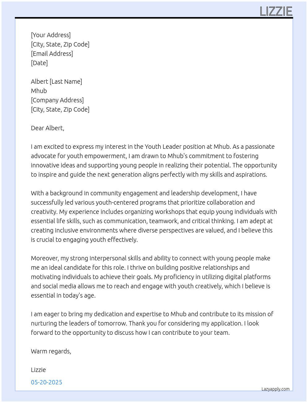 Youth leader At Mhub Cover Letter