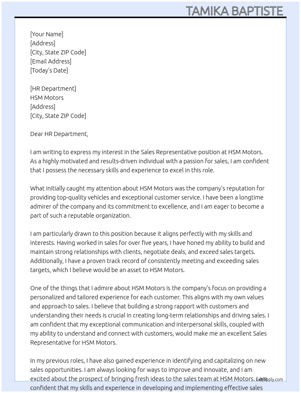 Sales Representative  At HSM Motors Cover Letter