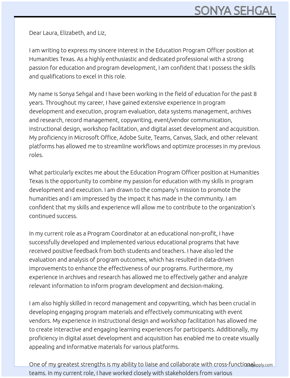 Education Program Officer At Humanities Texas Cover Letter