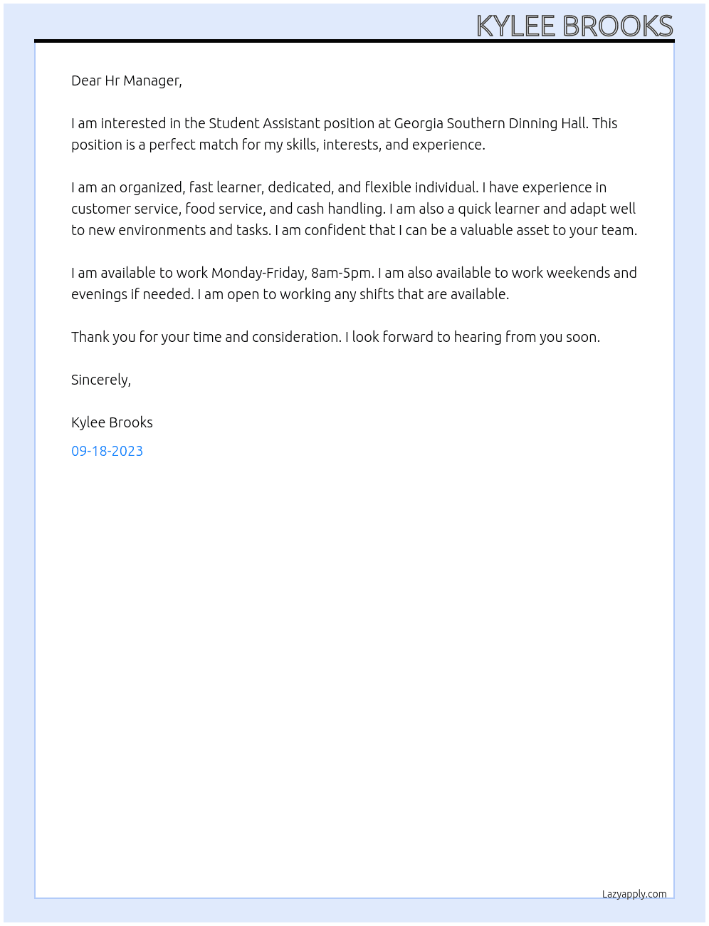 Student Assistant  At Georgia Southern Dinning Hall Cover Letter