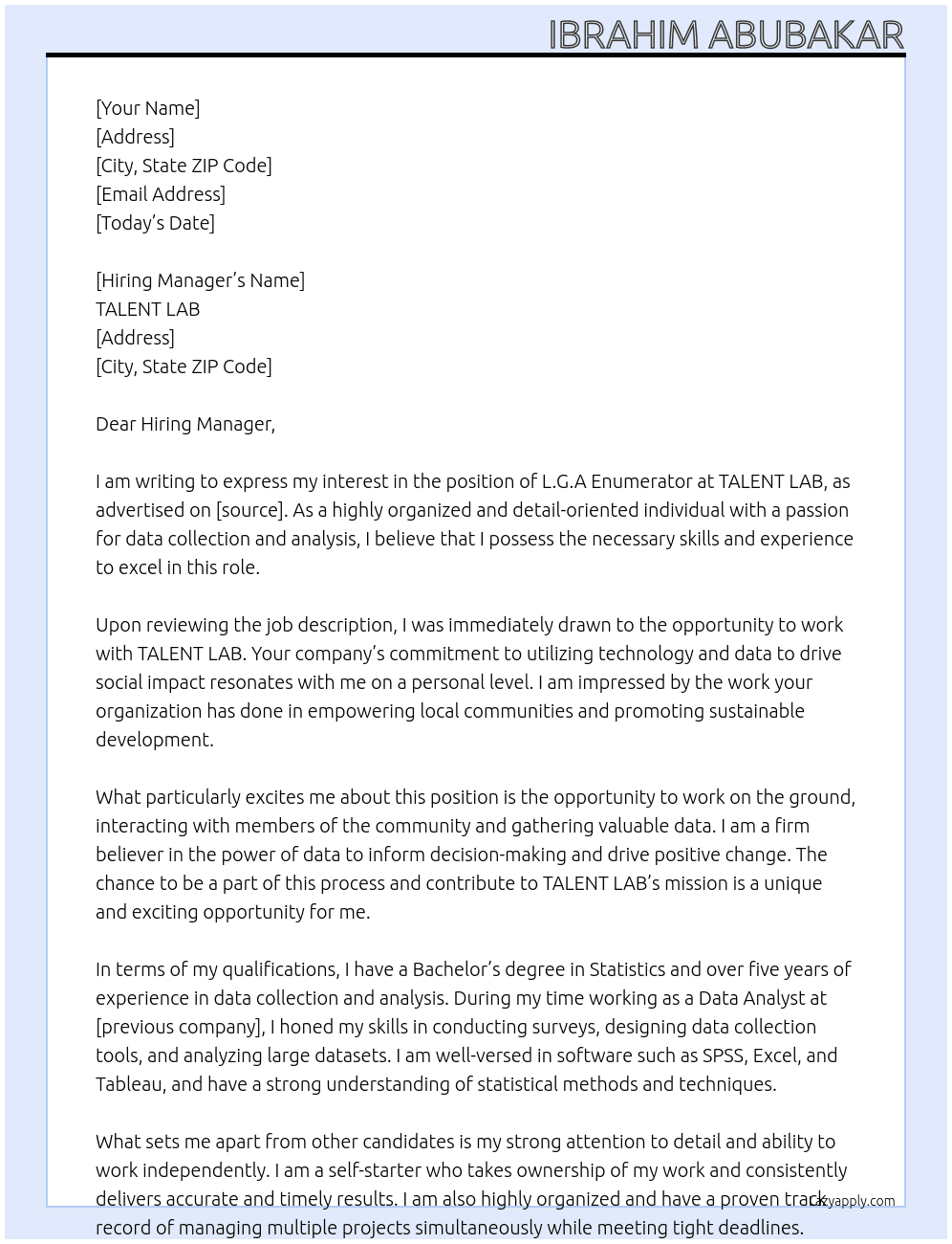 L.G.A Enumerator  At TALENT LAB Cover Letter