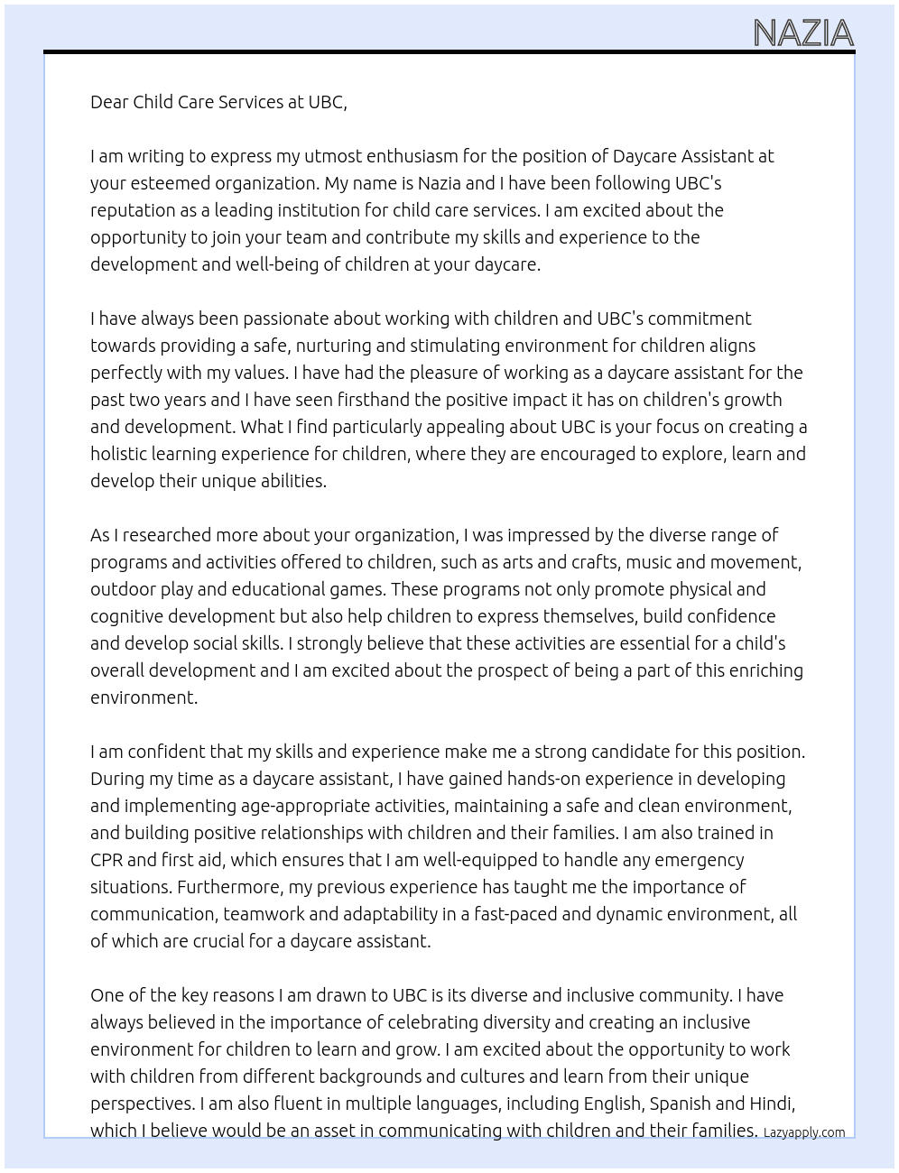 daycare assistant At UBC Cover Letter