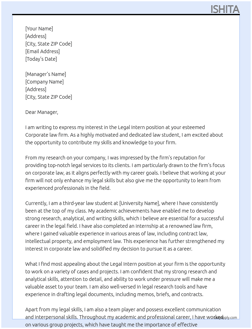 Legal Intern At Corporate law firm Cover Letter