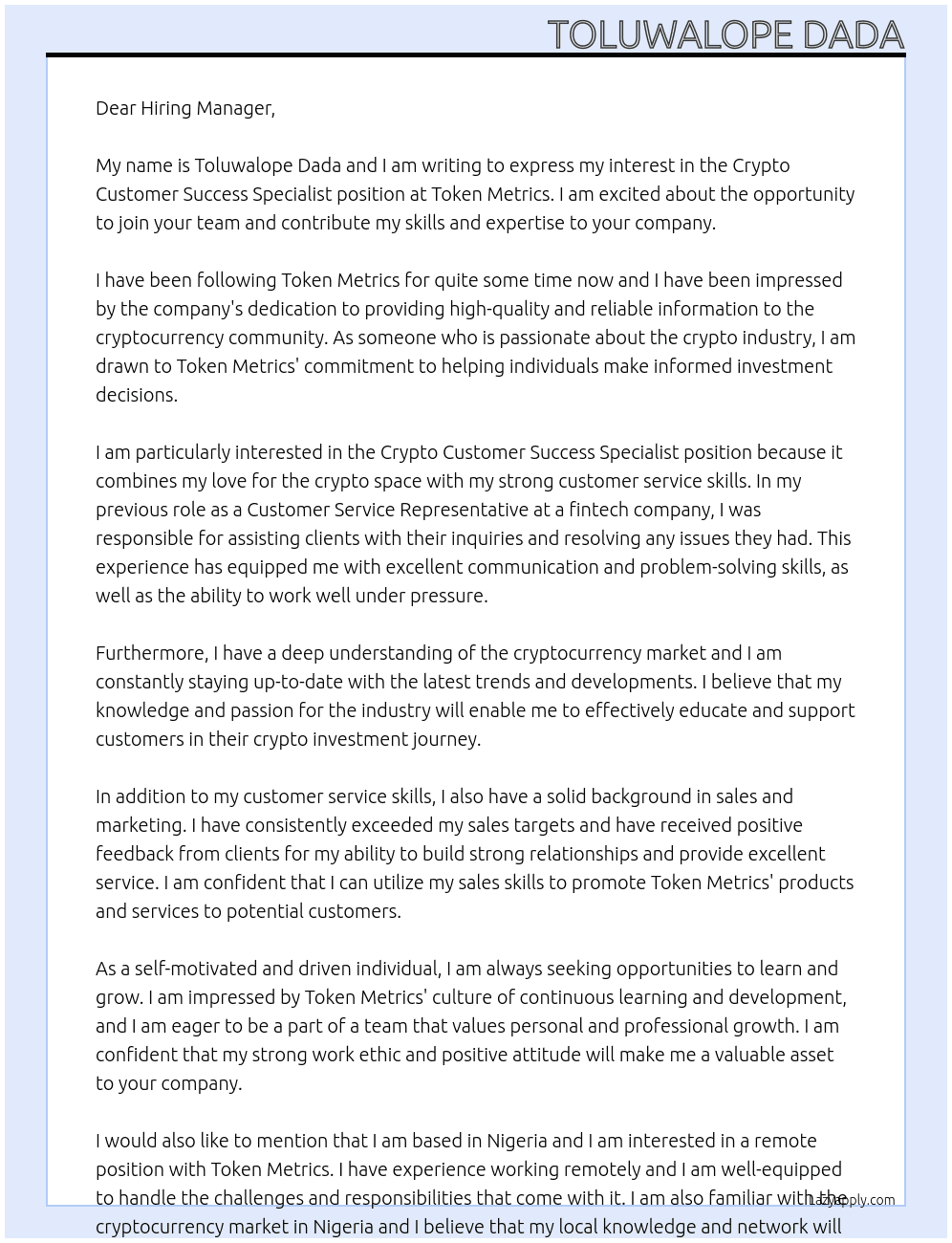 Crypto Customer Success Specialist At Token Metrics Cover Letter