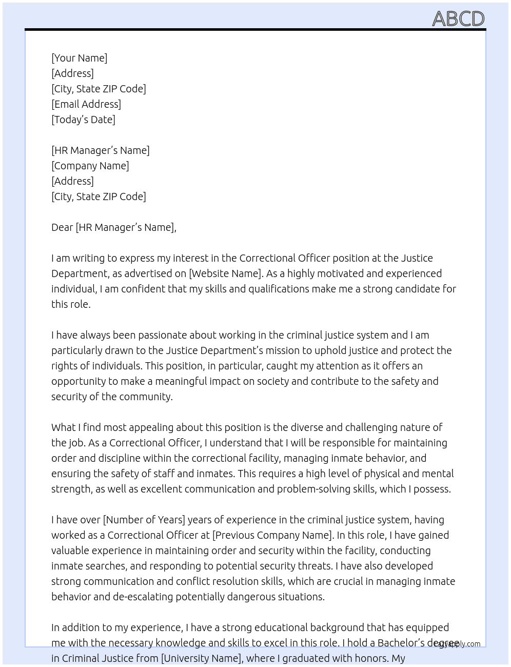 Correctional Officer At Justice department Cover Letter
