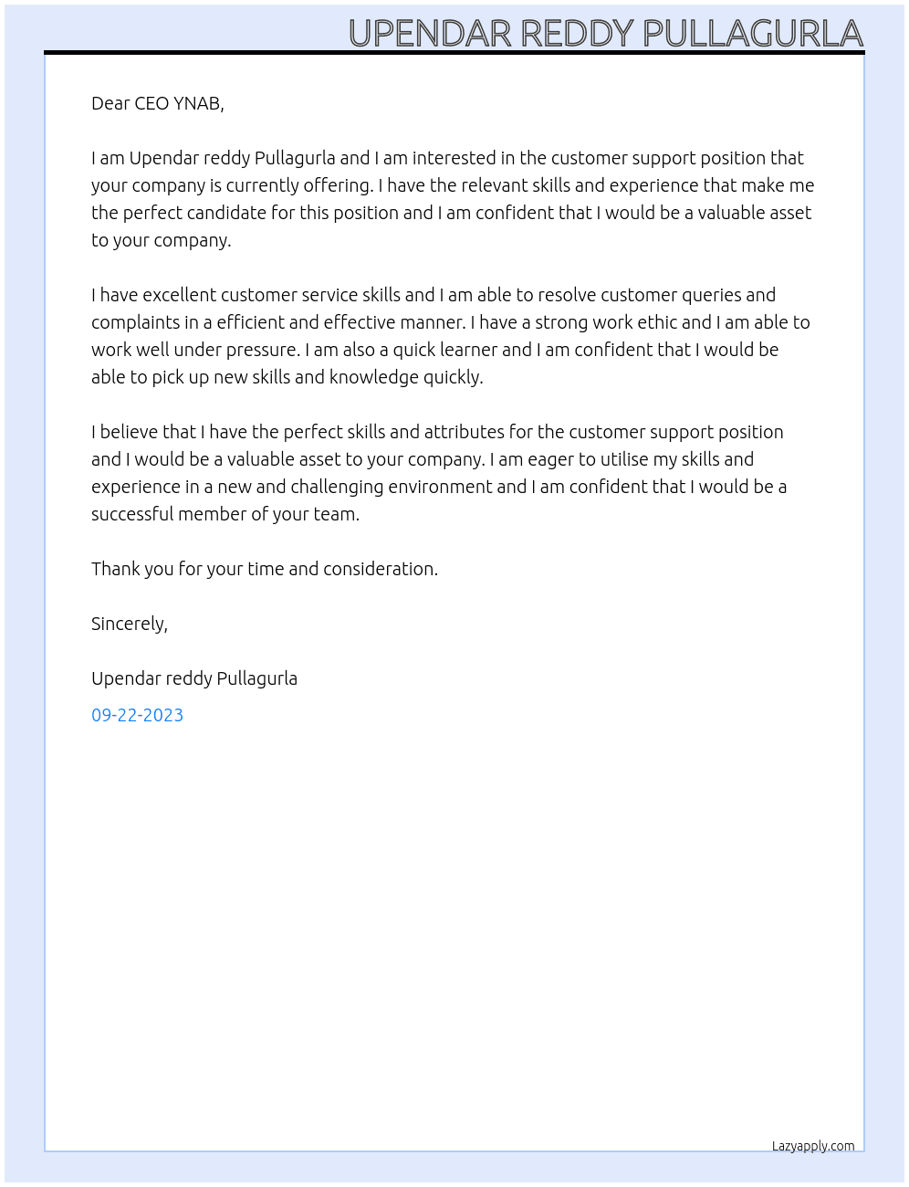 Customer support  At YNAB Cover Letter