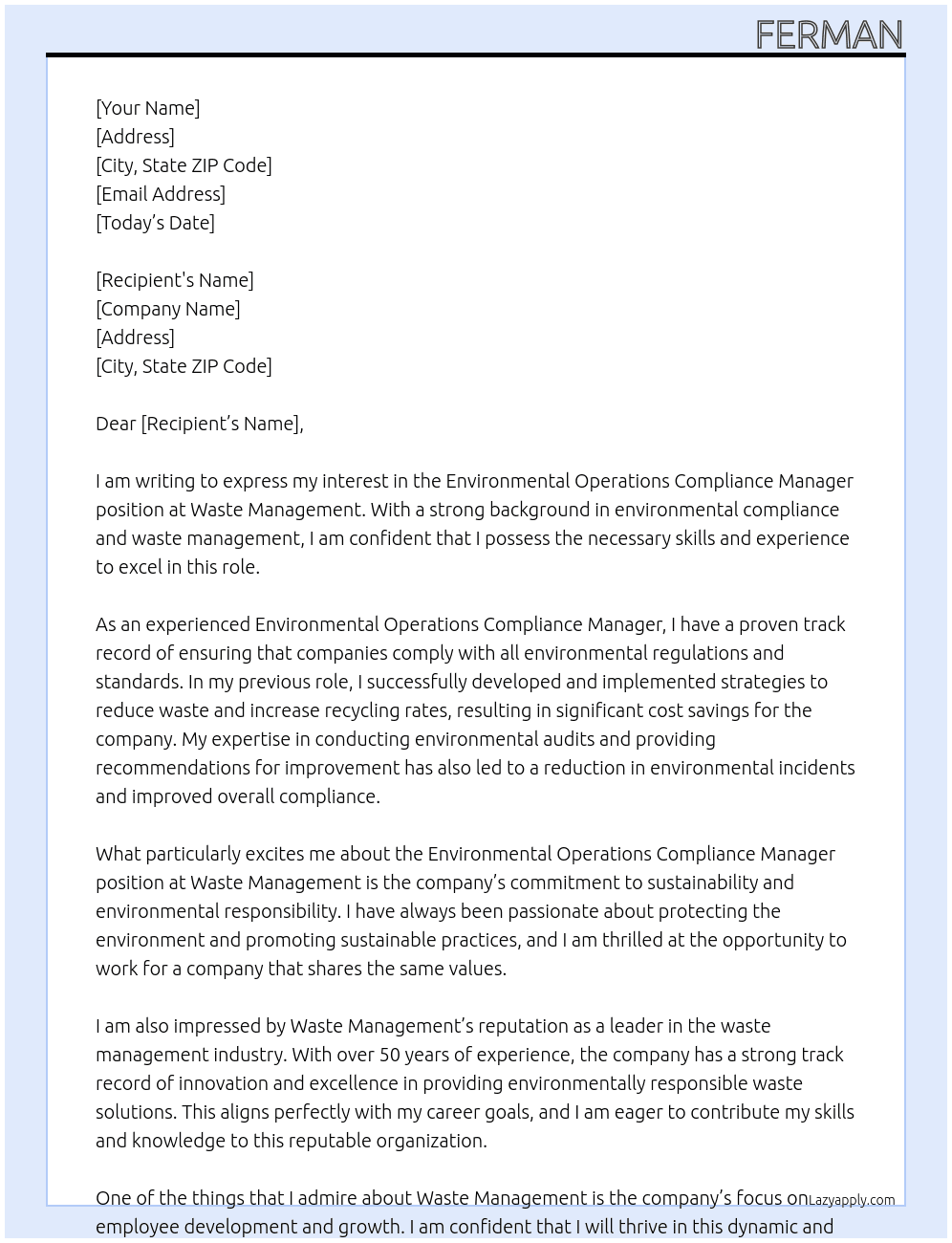 Environmental Operations Compliance Manager At waste management Cover Letter