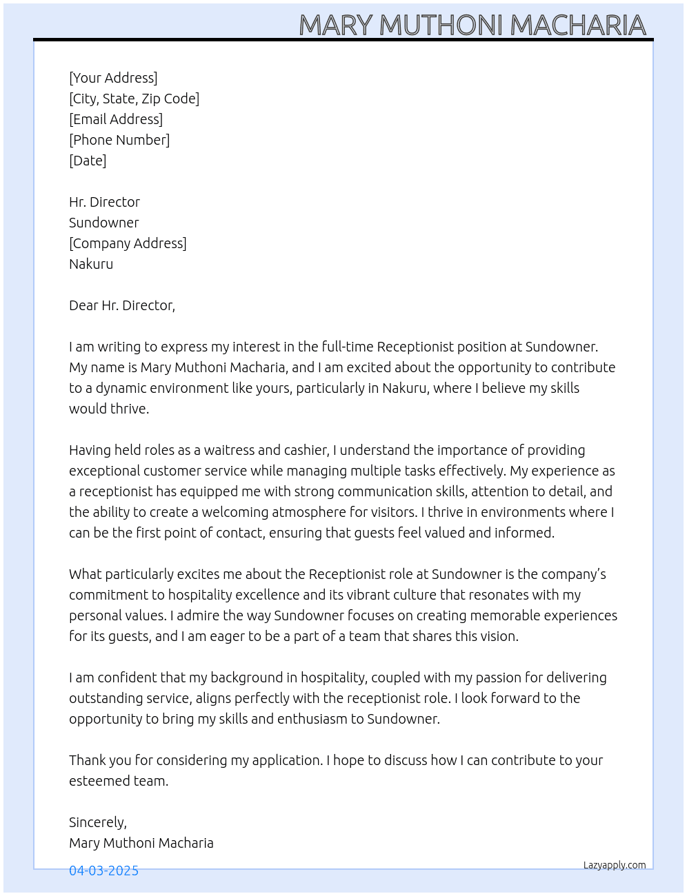 Receptionist  At Sundowner  Cover Letter