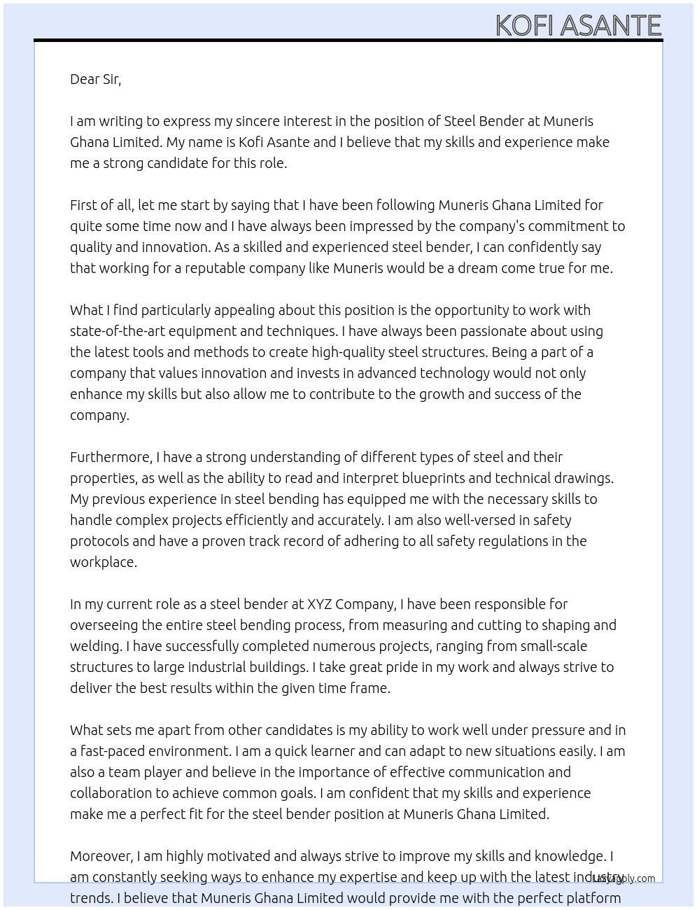 Steel Bender At Muneris Ghana Limited Cover Letter