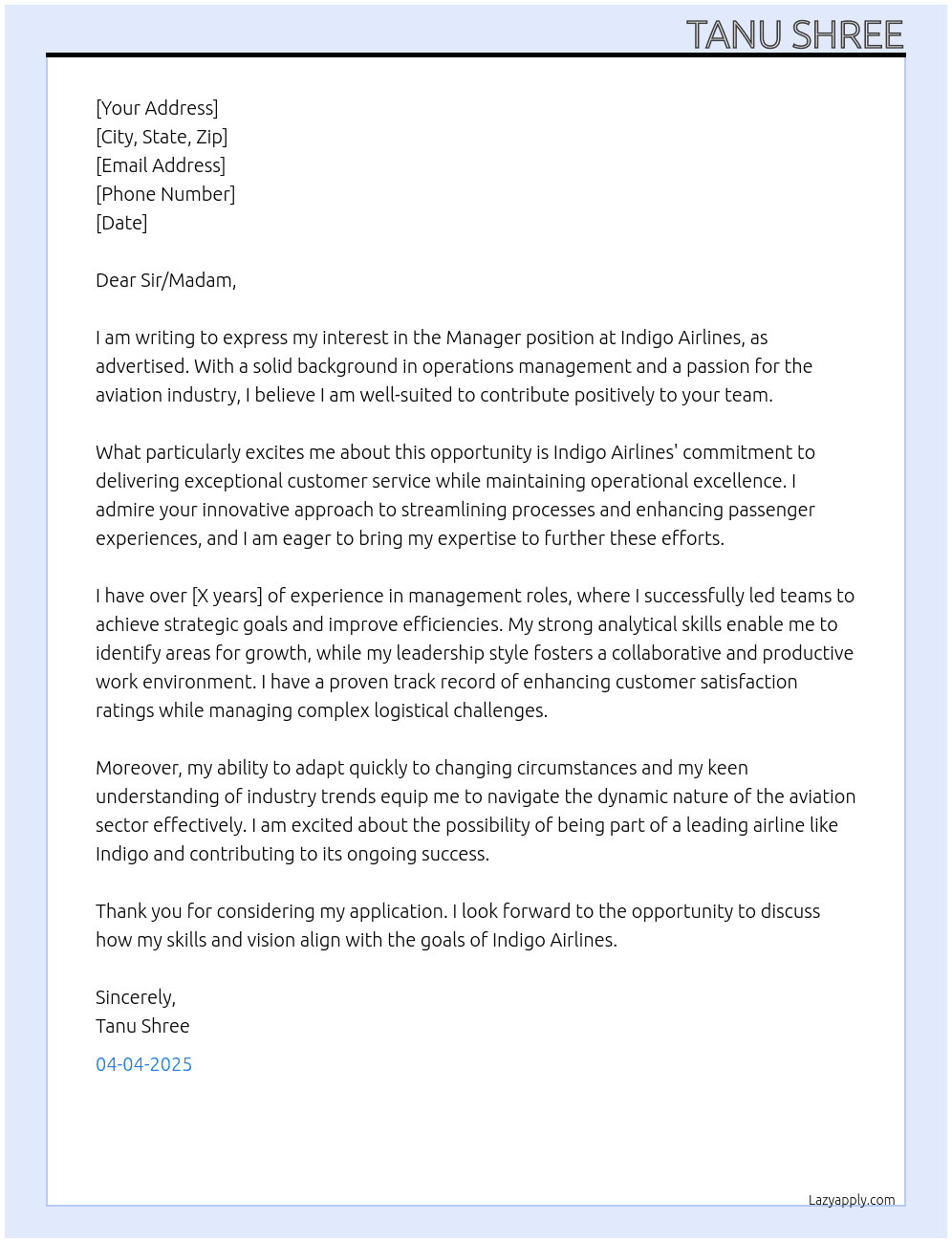 manager At Indigo Airlines Cover Letter