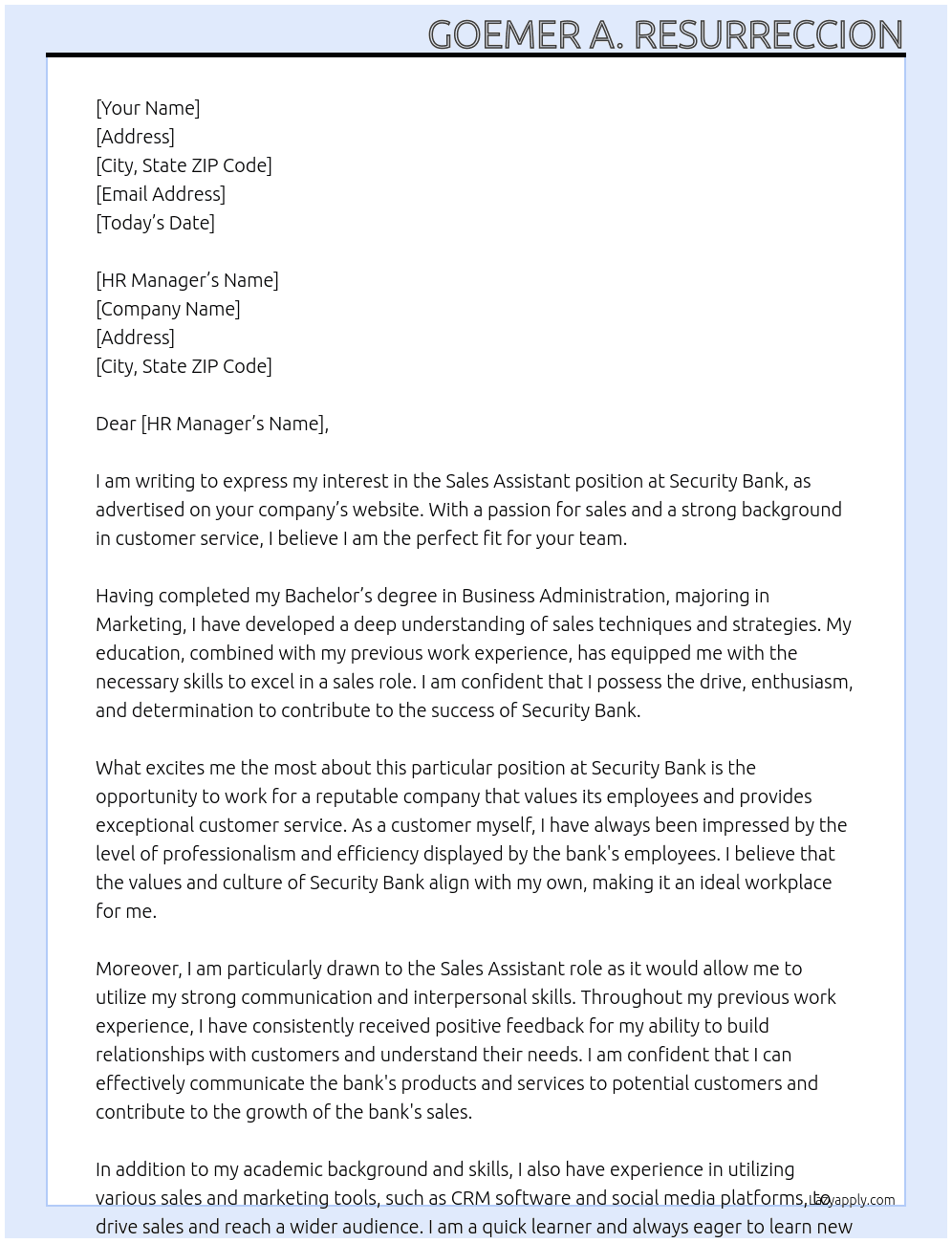 Sales Assistant At Security Bank Cover Letter