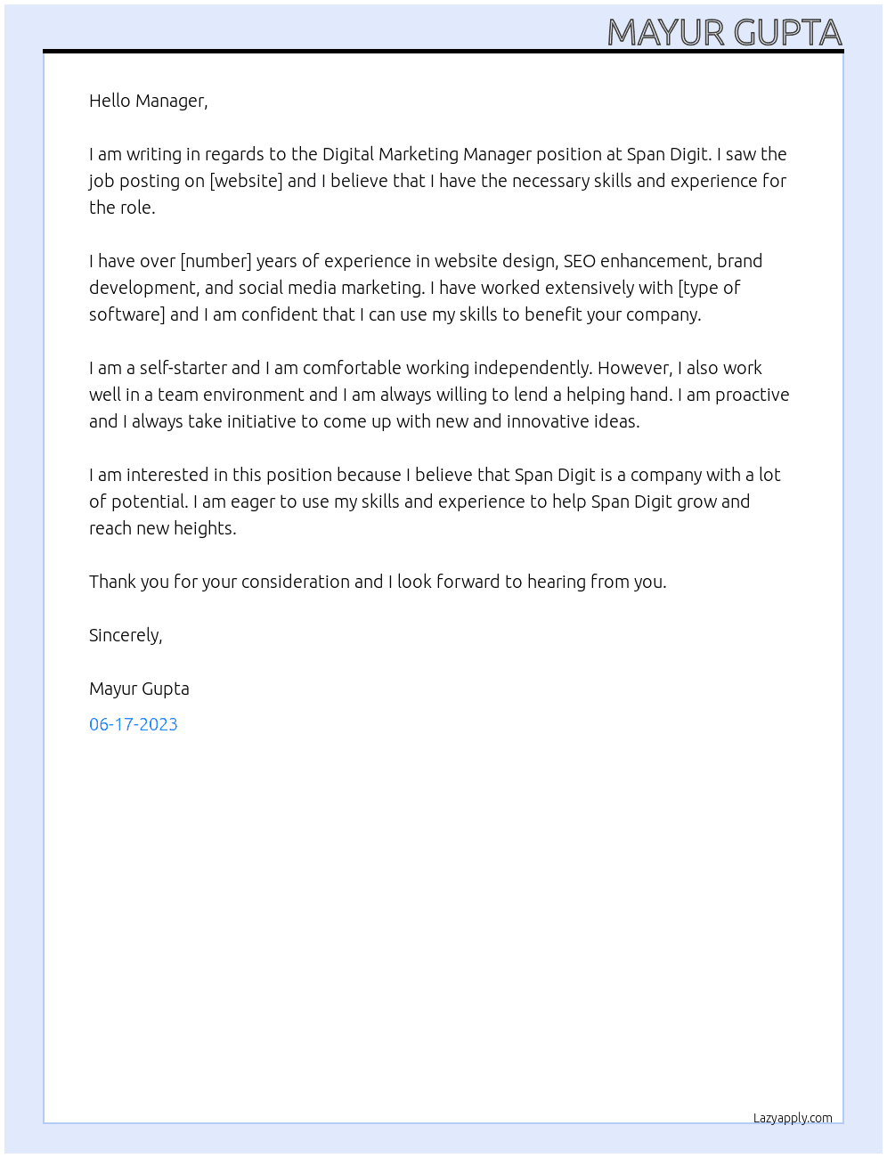 Digital Marketing Manager At Span Digit Cover Letter
