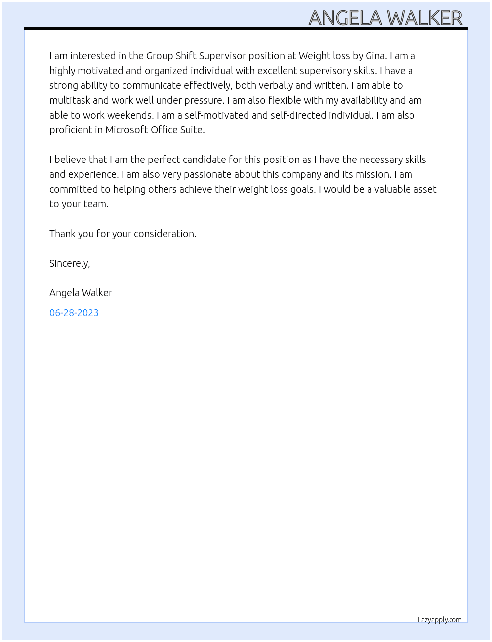 Group Shift Supervisor At Weight loss by Gina  Cover Letter