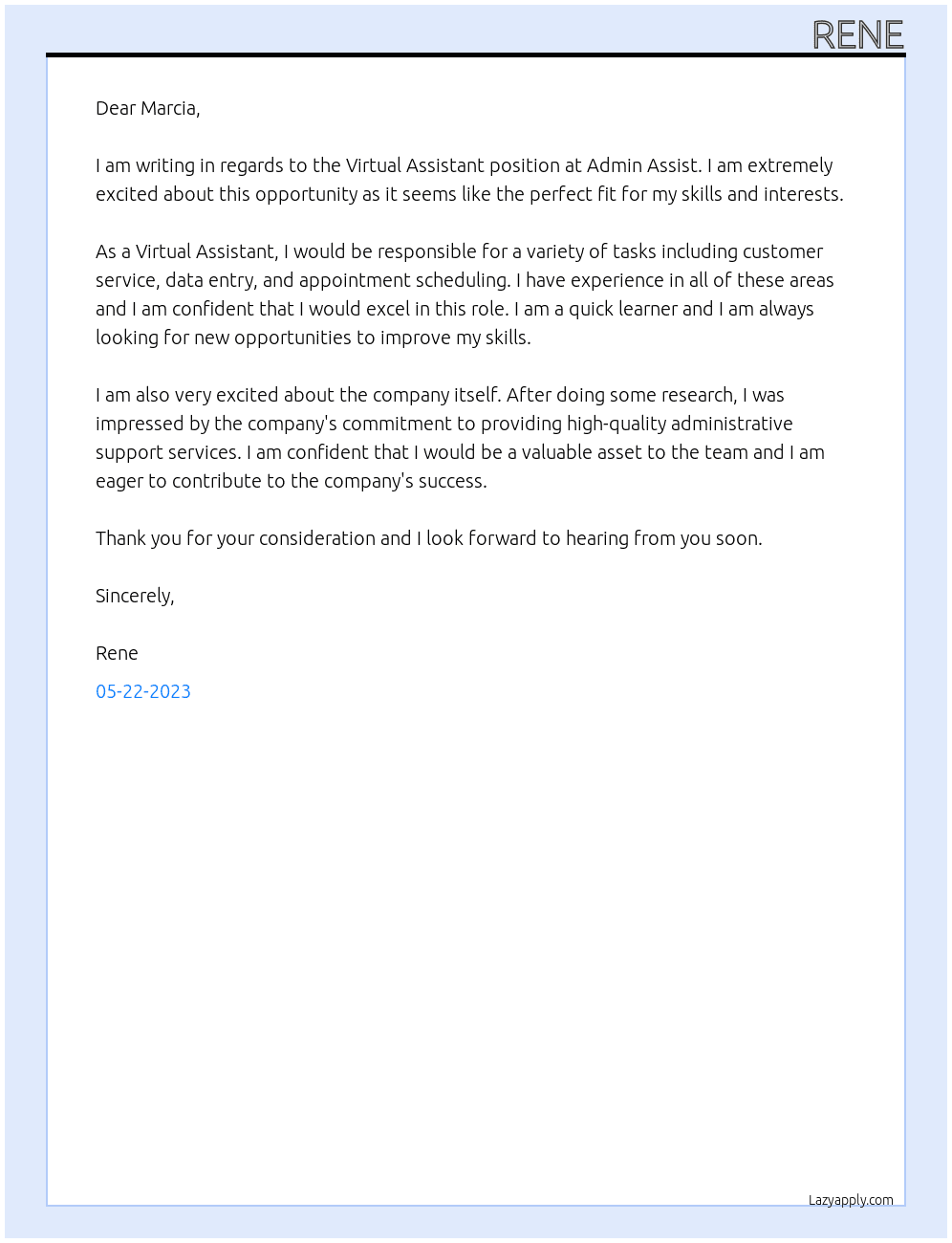 Virtual Assistant At Admin Assist Cover Letter