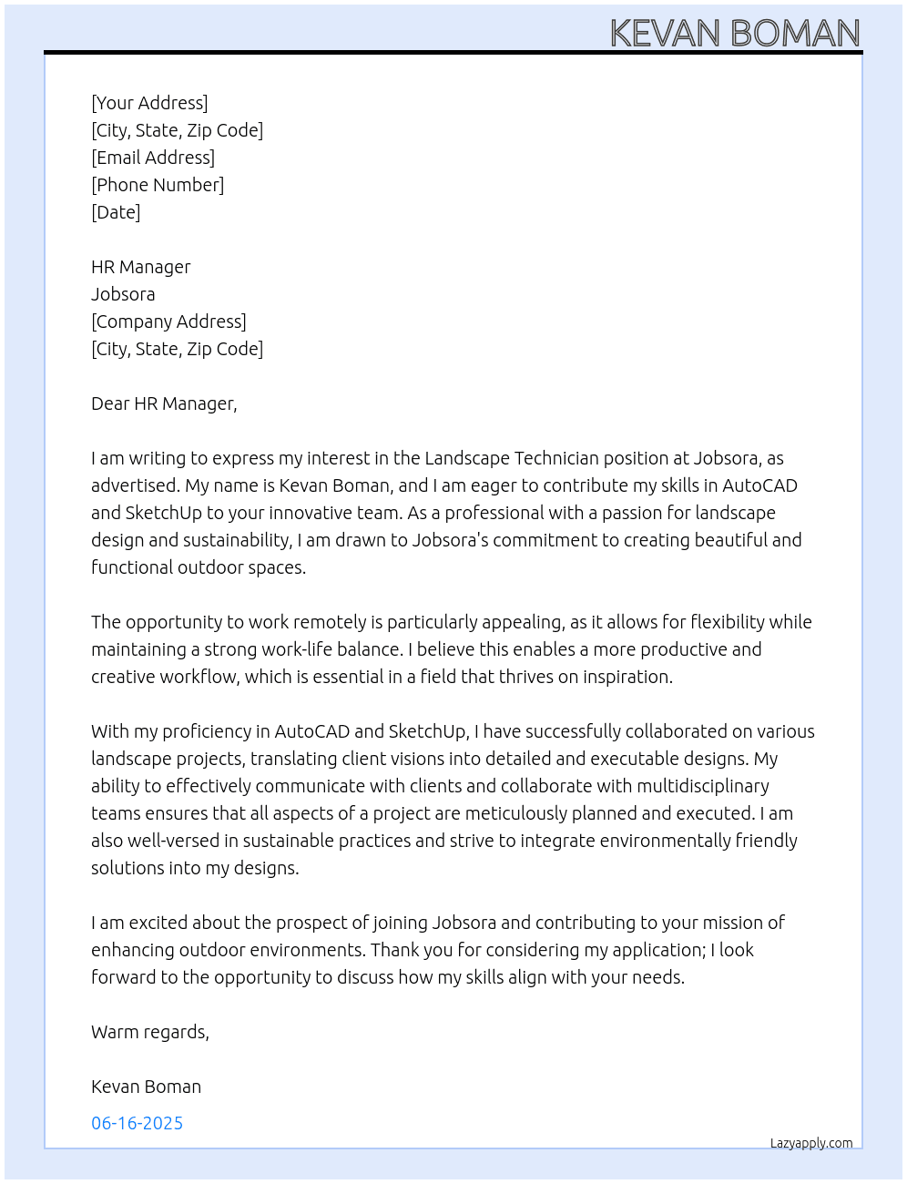 Landscape technician At Jobsora Cover Letter