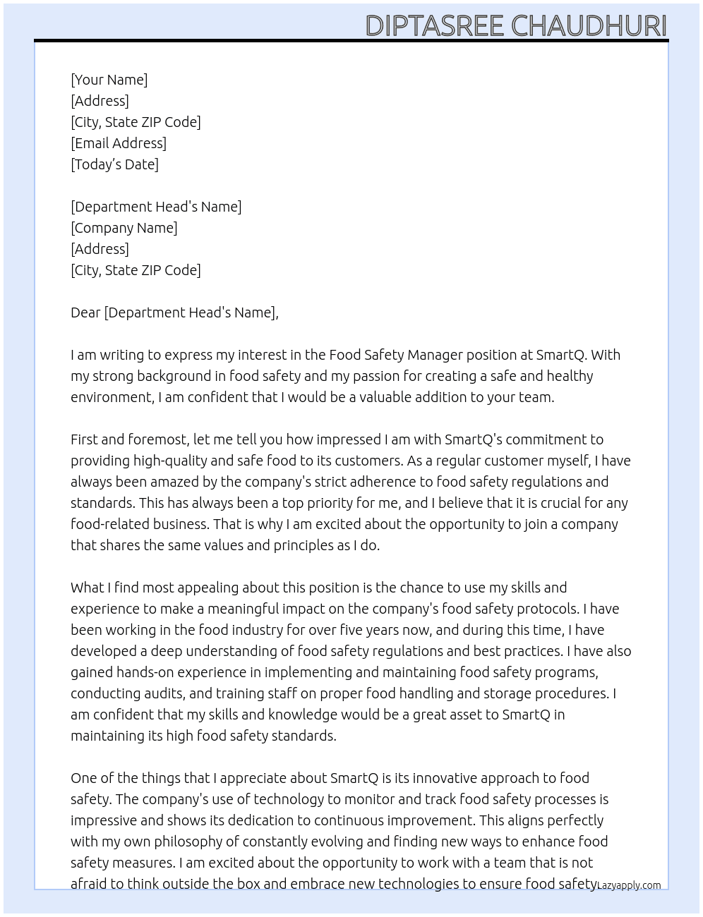 Food safety manager At SmartQ Cover Letter