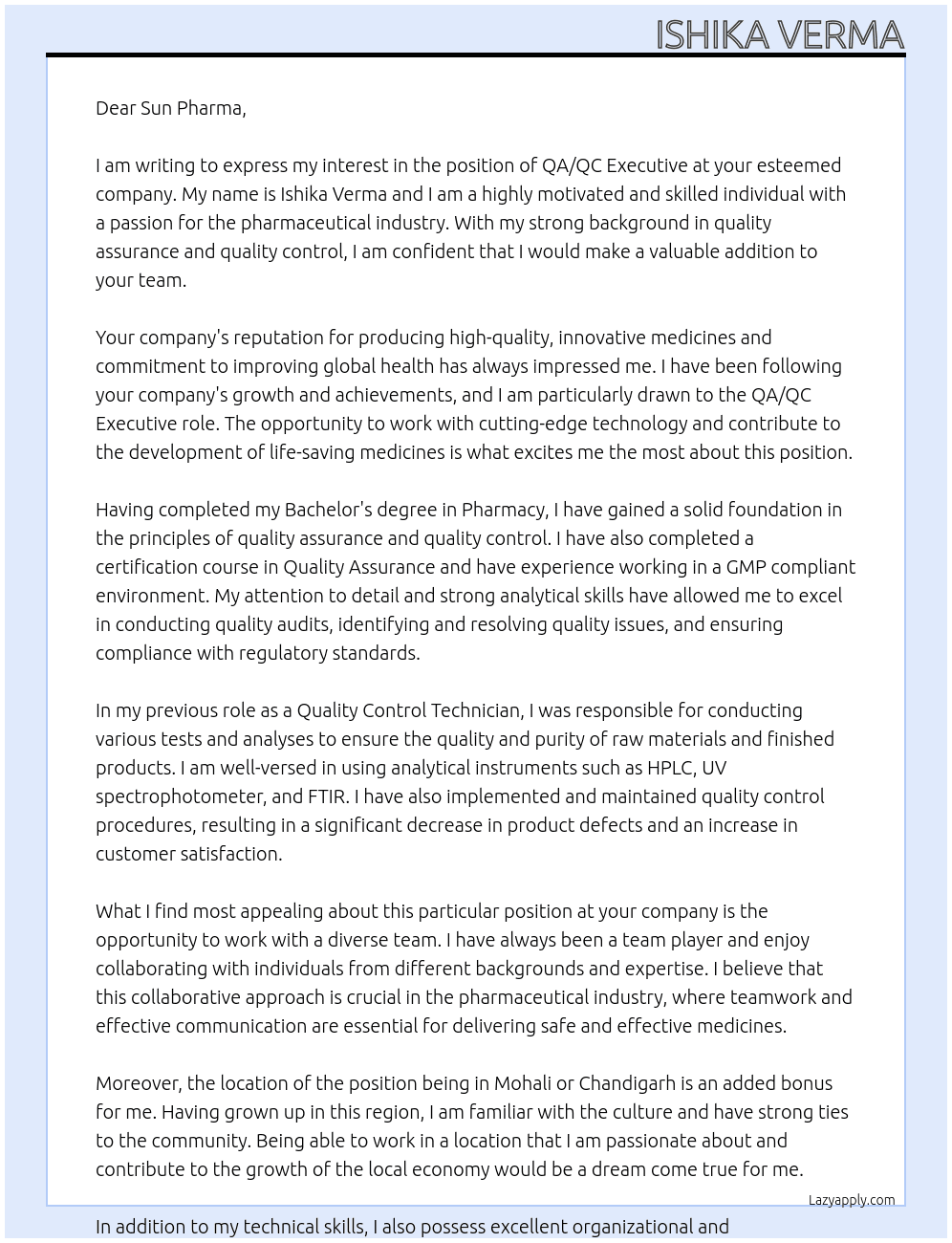 Executive  At Sun Pharma Cover Letter
