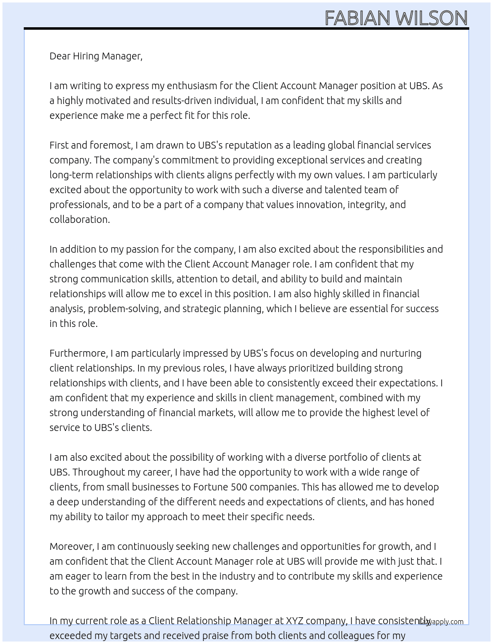 Client account Manager At UBS Cover Letter