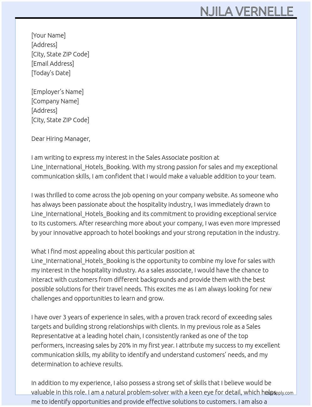 Sales associate  At Line_International_Hotels_Booking  Cover Letter