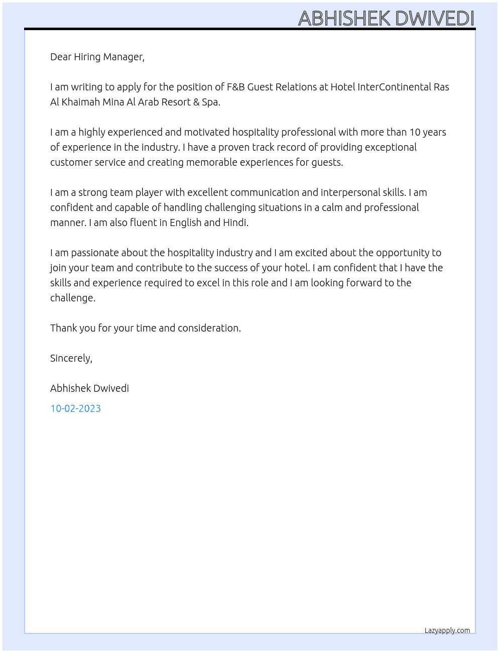 F&B Guest Relations At Hotel InterContinental Ras Al Khaimah Mina Al Arab Resort & Spa Cover Letter