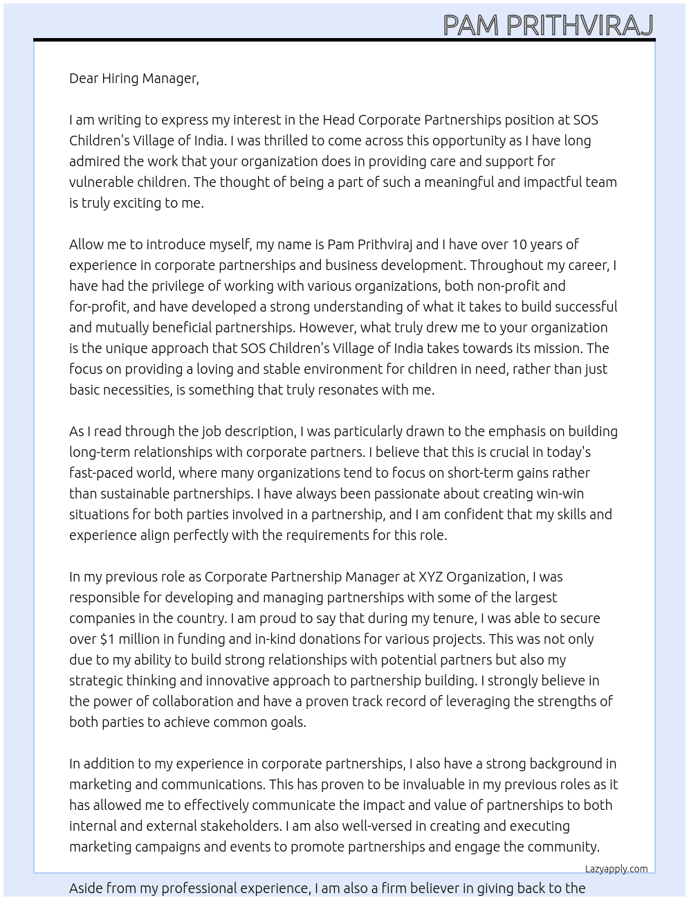 Head Coeporate Partnerships At SOS Children's Village Of India Cover Letter