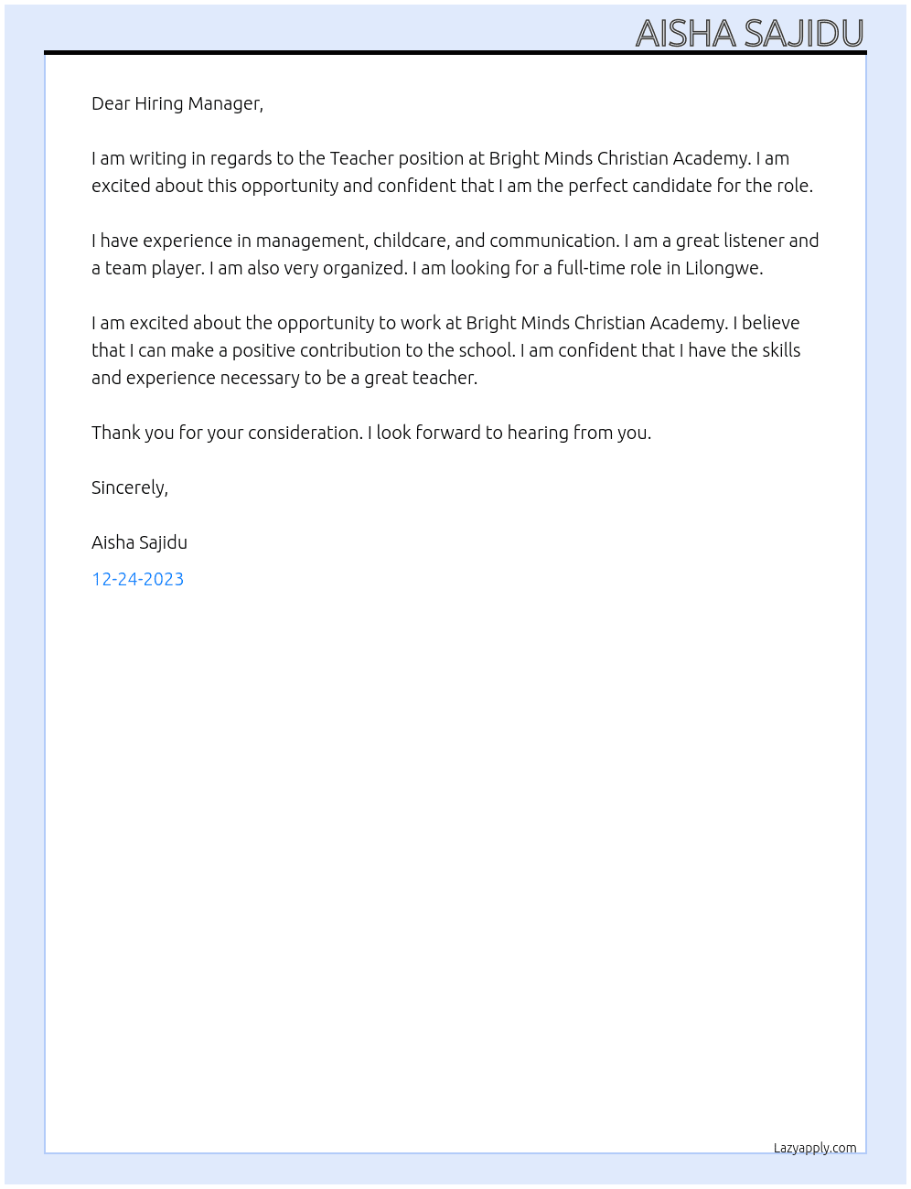 Teacher At Bright Minds Christian Academy Cover Letter