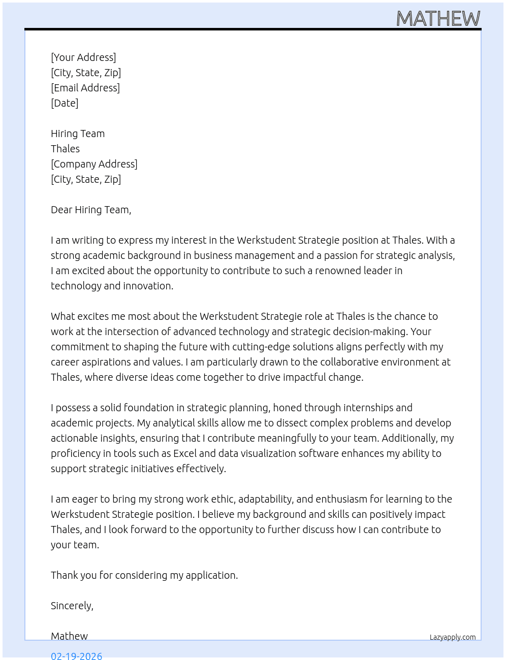 werkstudent Strategie At Thales Cover Letter