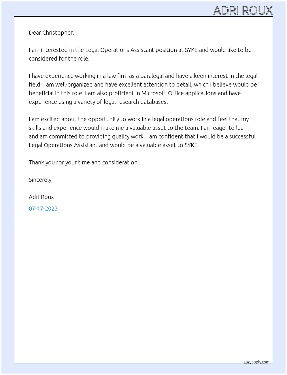 Legal Operations Assistant At SYKE Cover Letter