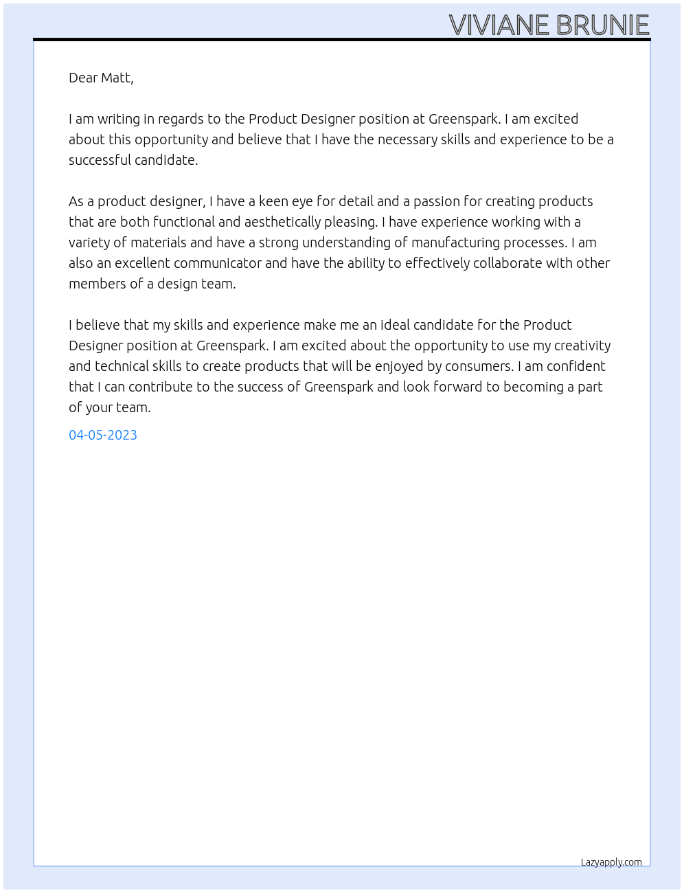 Product Designer At Greenspark Cover Letter