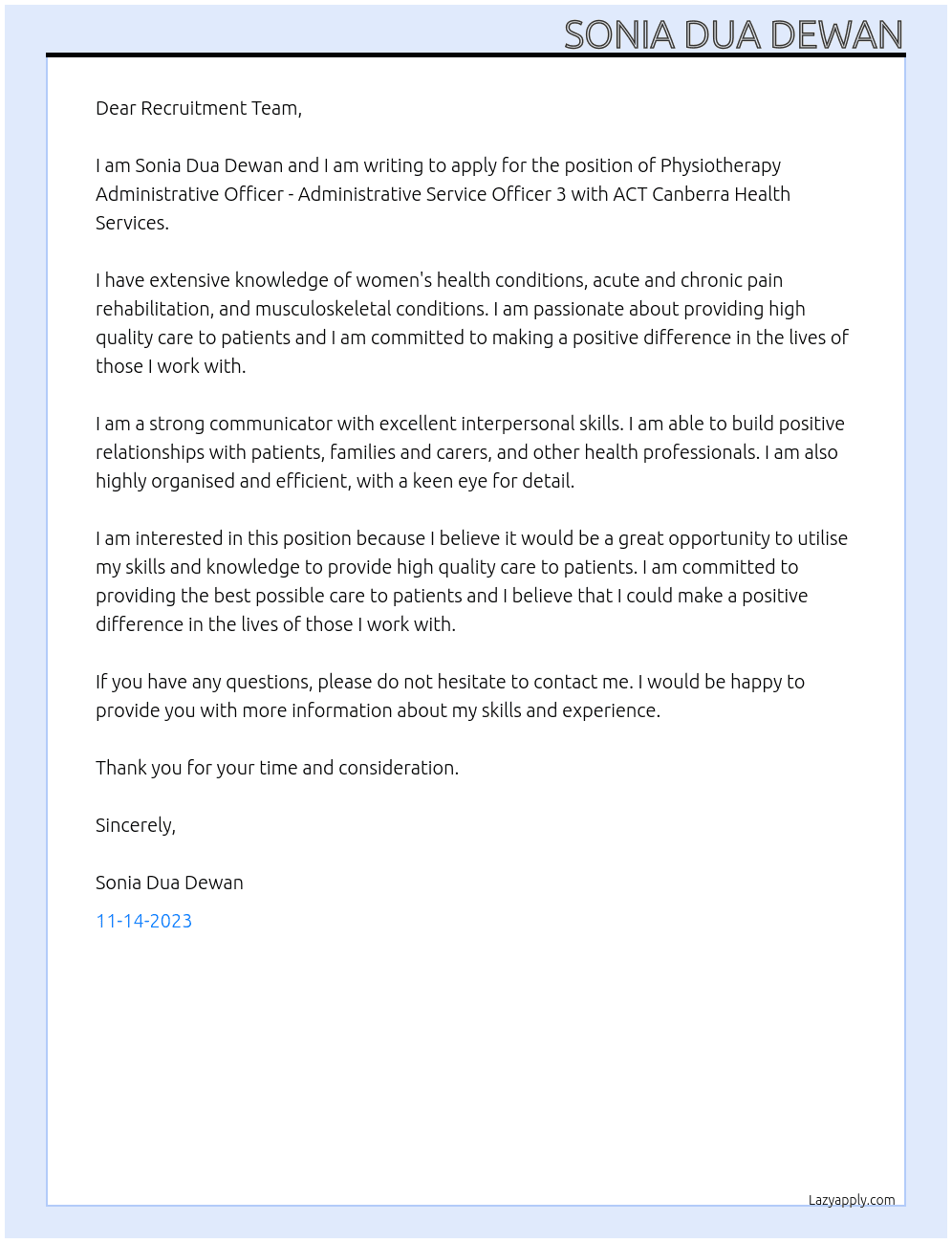 Physiotherapy Administrative Officer - Administrative Service Officer 3 At ACT Canberra Health Services Cover Letter