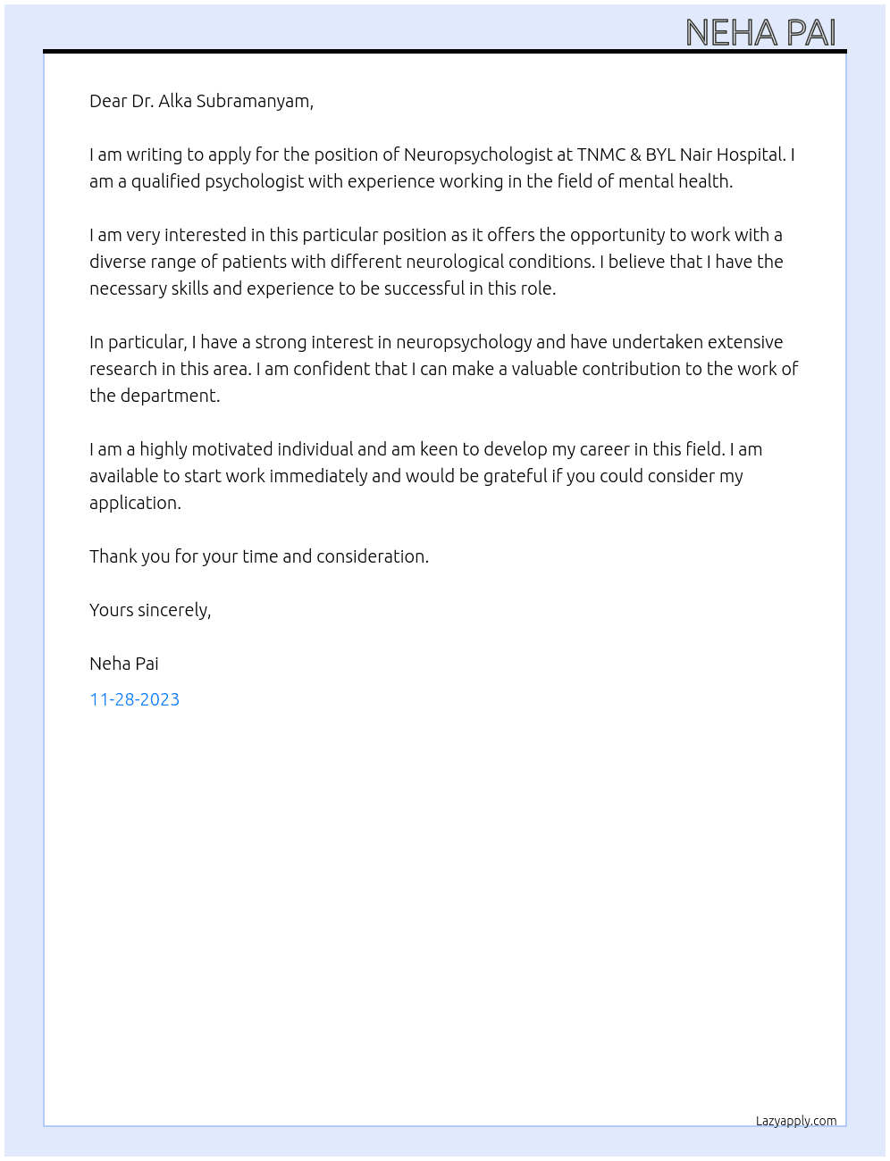 Neuropsychologist At TNMC & BYL Nair Hospital Cover Letter