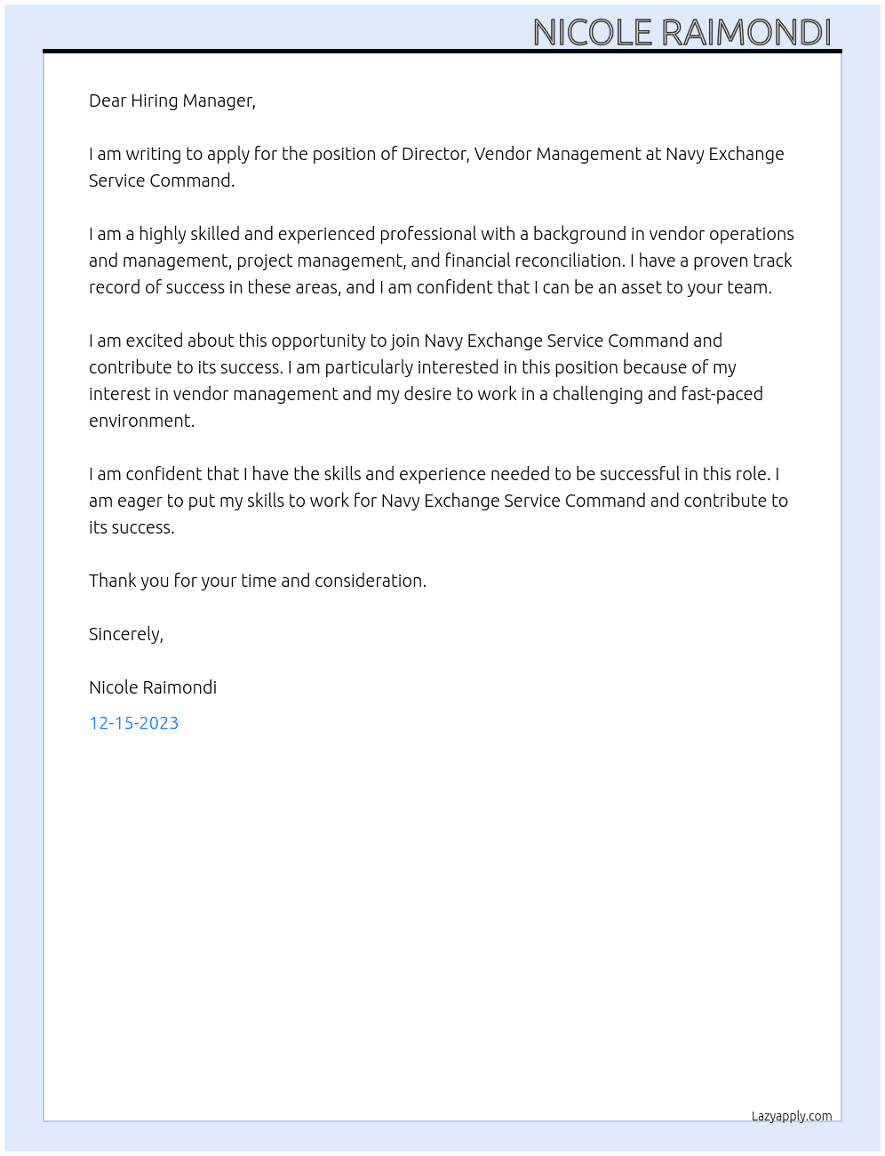 Director, Vendor Management At Navy Exchange Service Command Cover Letter