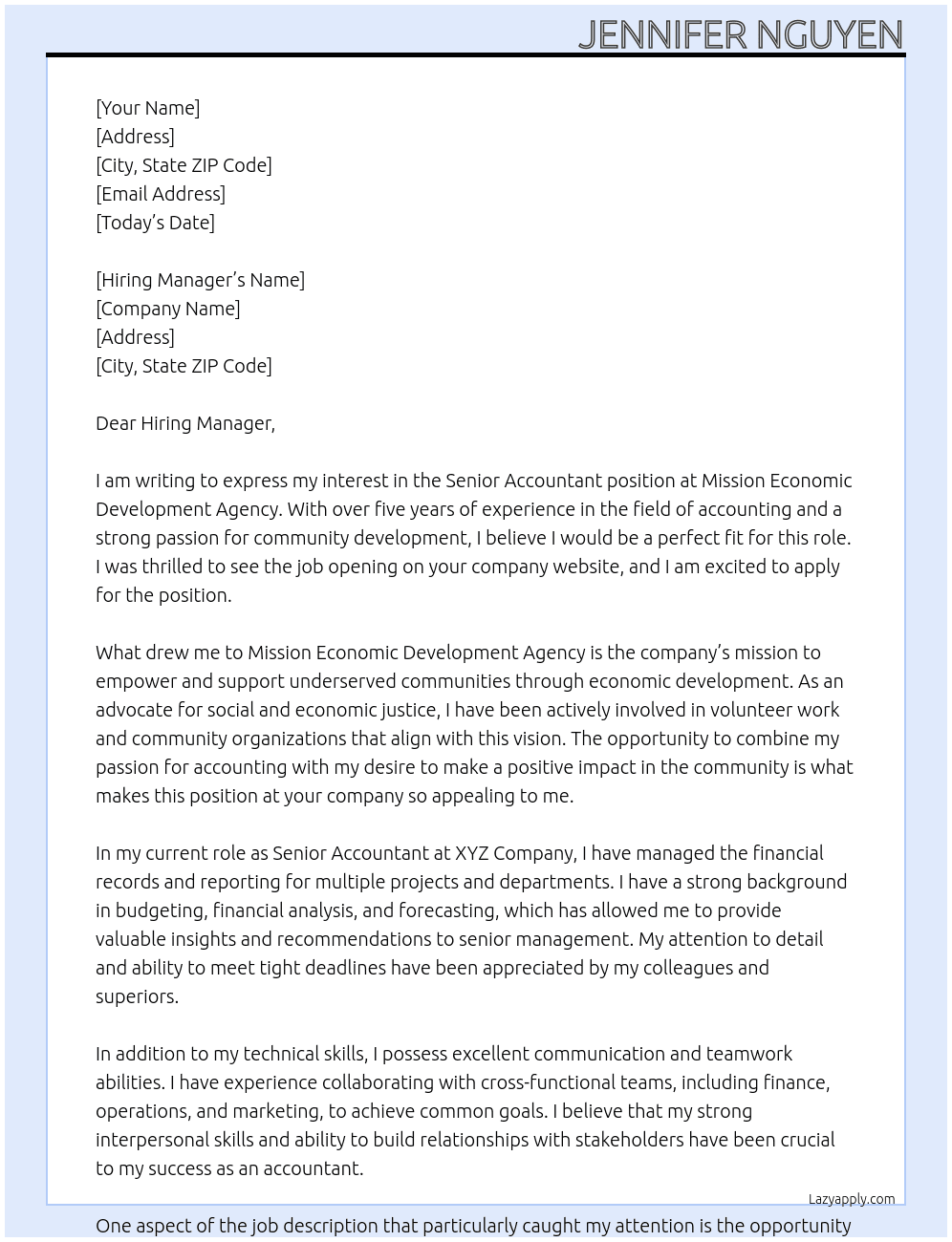 senior accountant At Mission Economic Development Agency Cover Letter