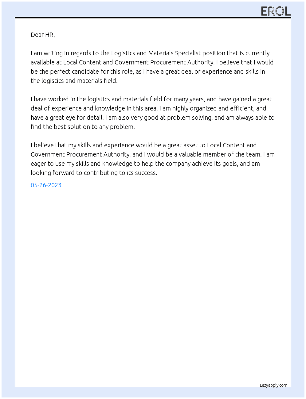 Logistics and Materials Specialist At Local Content and Government Procurement Authority Cover Letter
