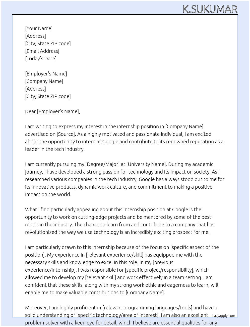 for internship At GOOGLE Cover Letter