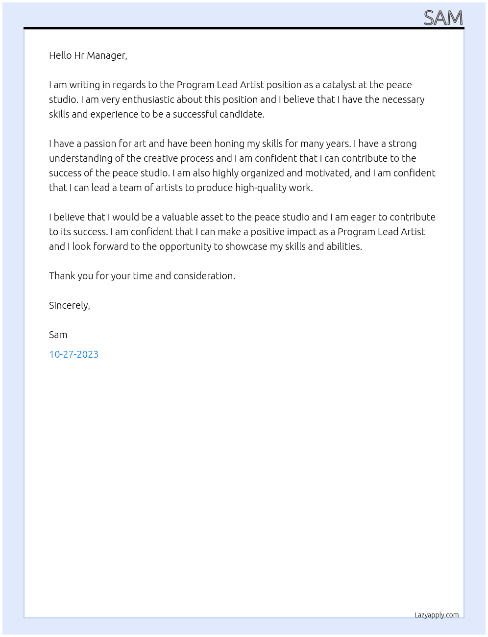 Program Lead Artist as a catalyst  At the peace studio Cover Letter