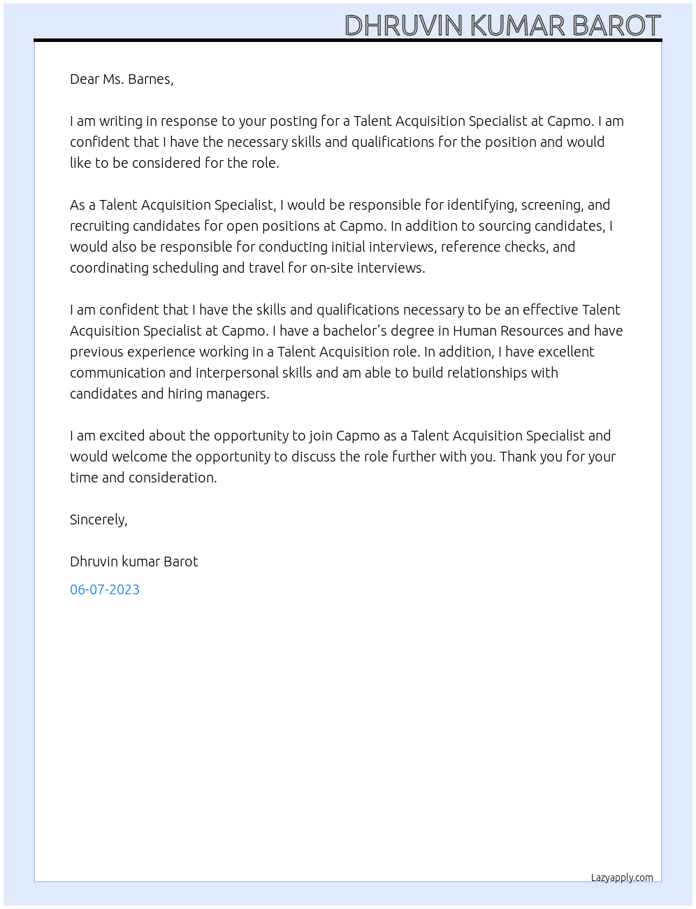 Talent Acquisition Specialist  At Capmo Cover Letter