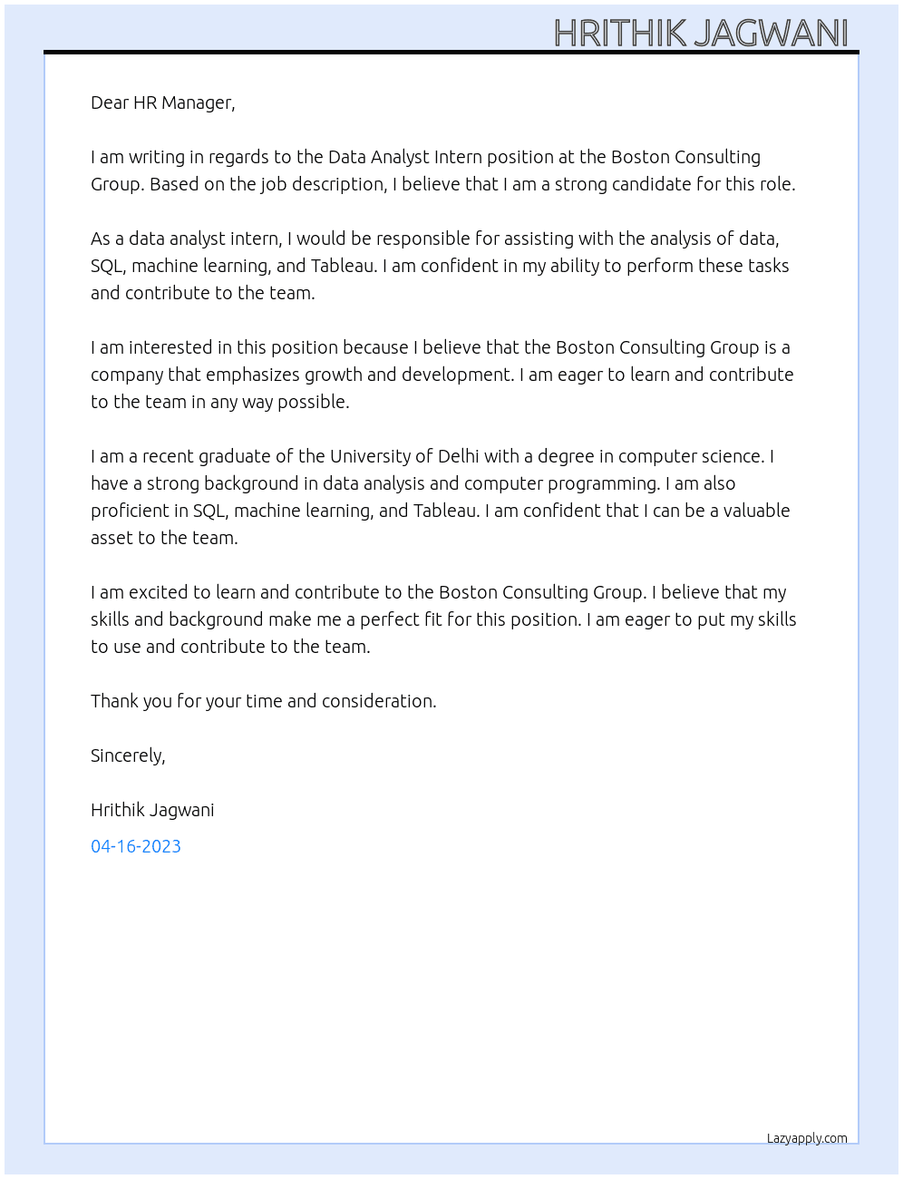 Data Analyst Intern At Boston Consulting Group Cover Letter