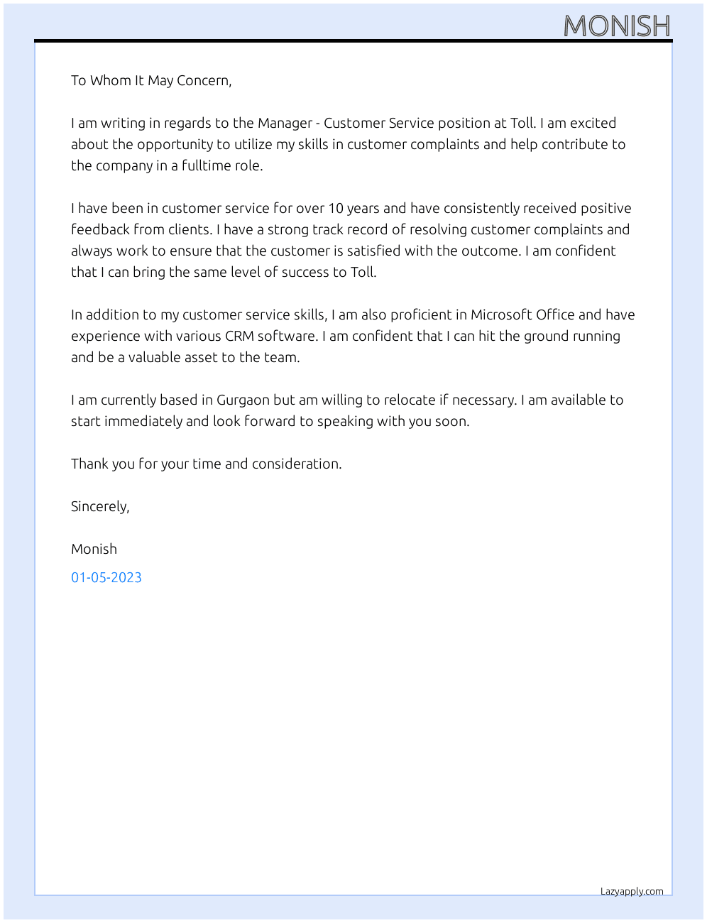Manager - Customer Service At Toll Cover Letter