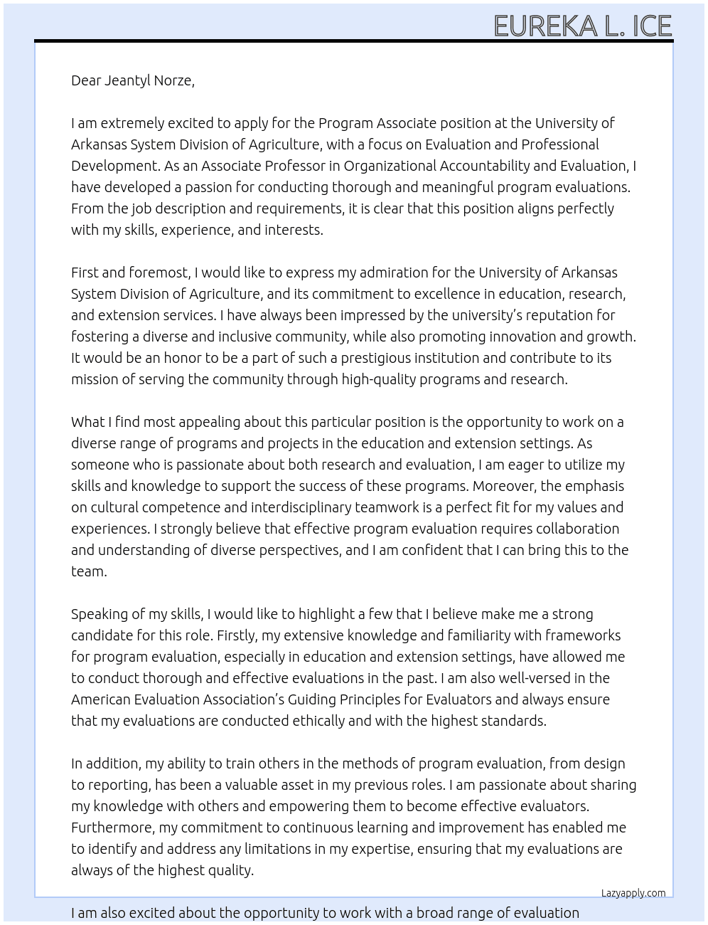 Program Associate - Evaluation and Professional Development At University of Arkansas System Division of Agriculture Cover Letter