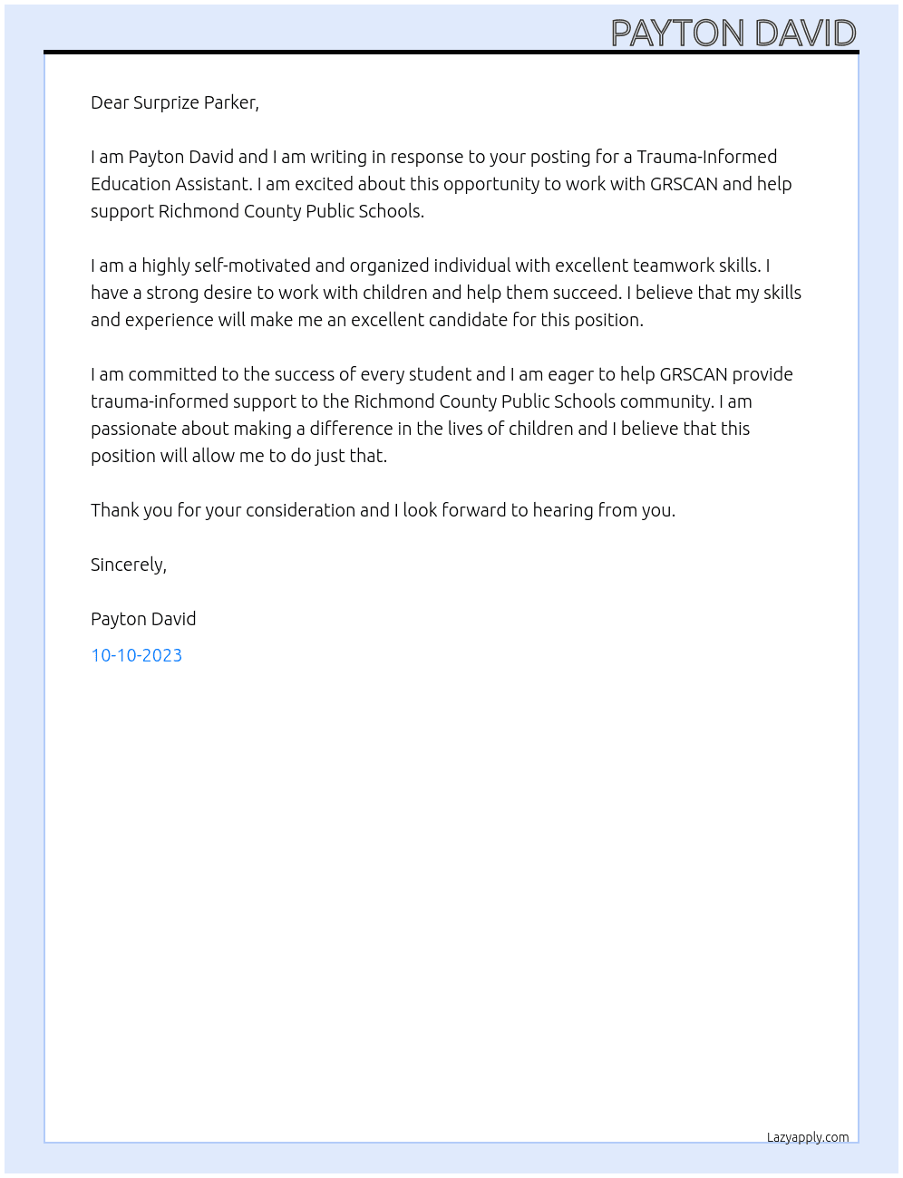 Trauma-Informed Education Assistant At GRSCAN Cover Letter