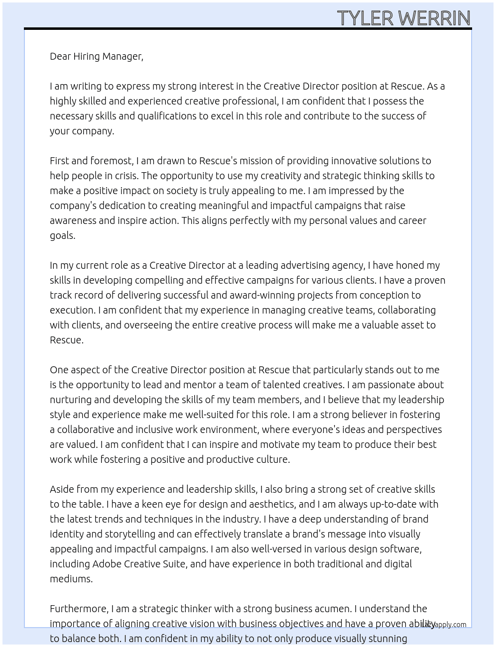 Creative Director At Rescue Cover Letter