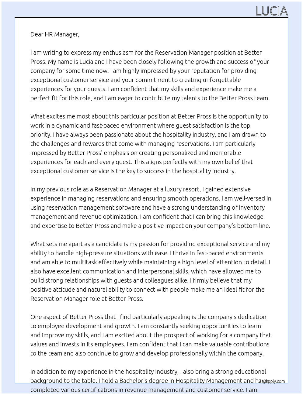 Reservation Manager At better pross Cover Letter